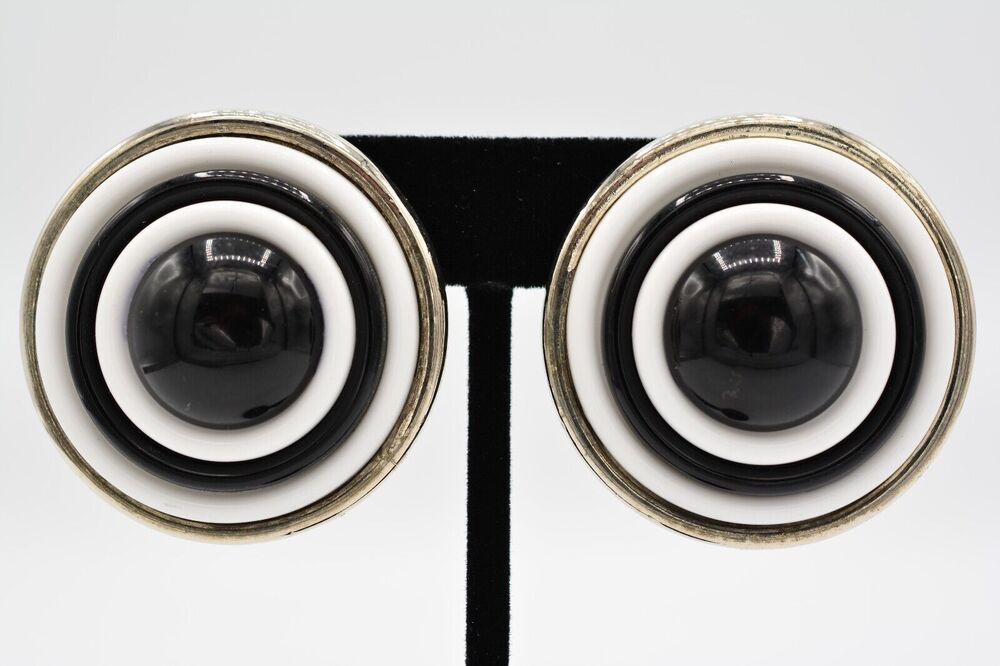 Duplaise Vintage Clip On Earrings Black White Silver Chunky Signed 1980s BinAG